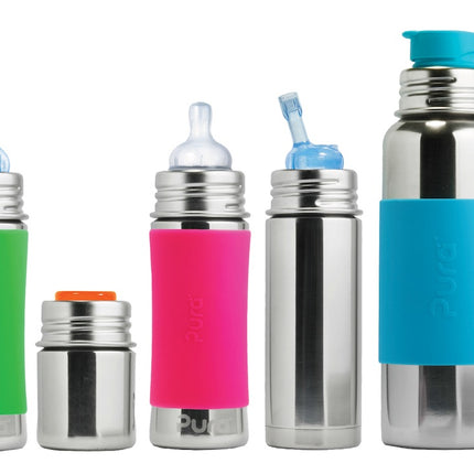 Pura thermos speenfles RVS 260 ml + silicone speen medium flow + silicone reisdop + groene sleeve