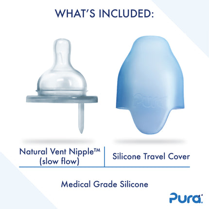 Pura speenfles RVS 150 ml + silicone speen slow flow + silicone reisdop + moss sleeve