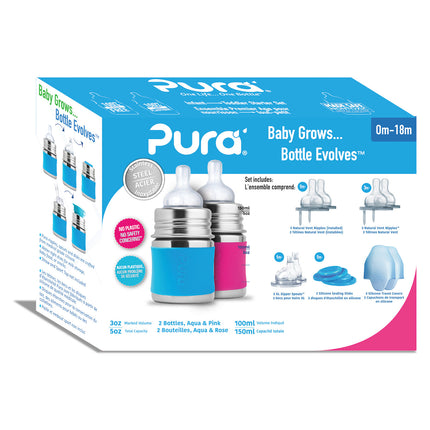 Juego de Porta Biberones Pura 150Ml Aqua/Rosa 12 piezas