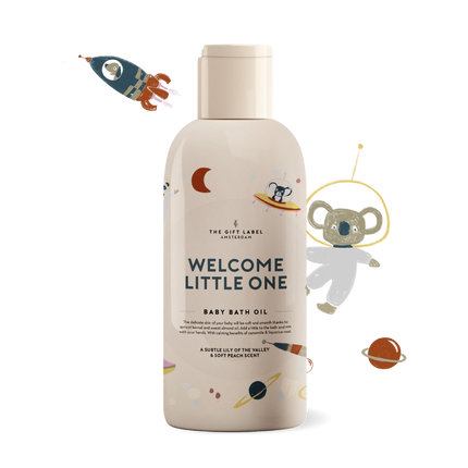 La etiqueta de regalo Aceite de baño Bebé Bienvenido Pequeño Niño 150Ml