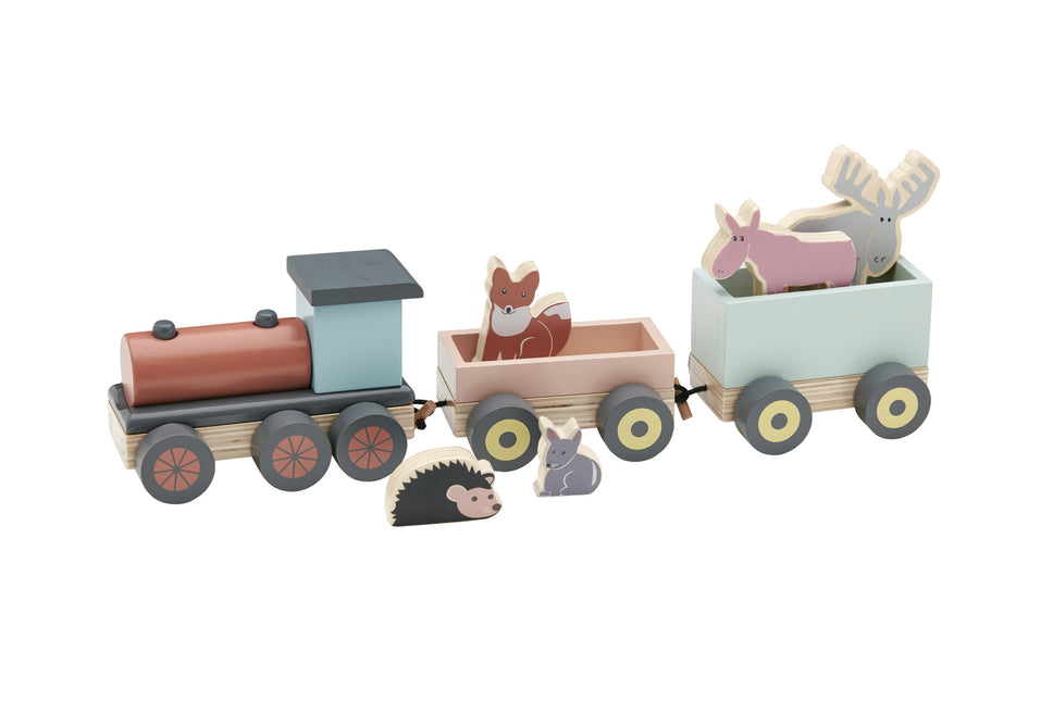 Concepto infantil Tren de juguete de madera con animales