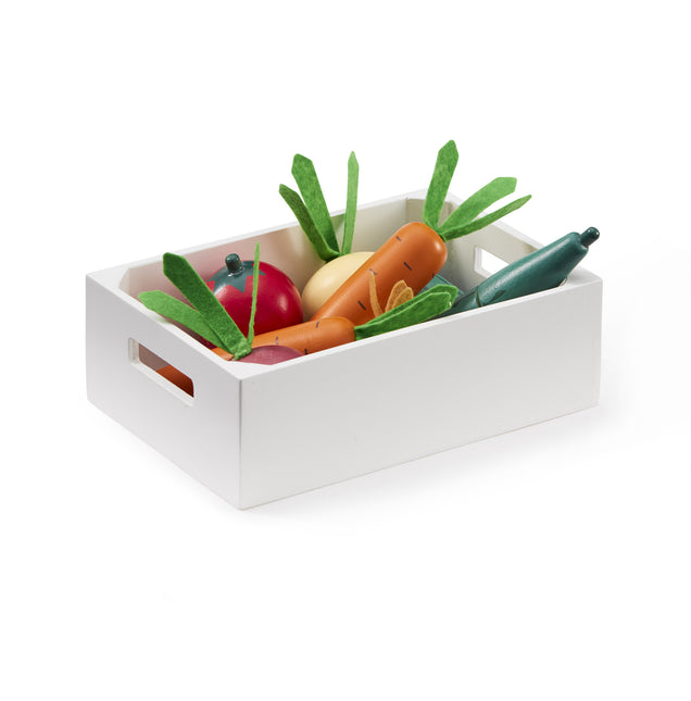 Concepto infantil Caja de madera para verduras de juguete