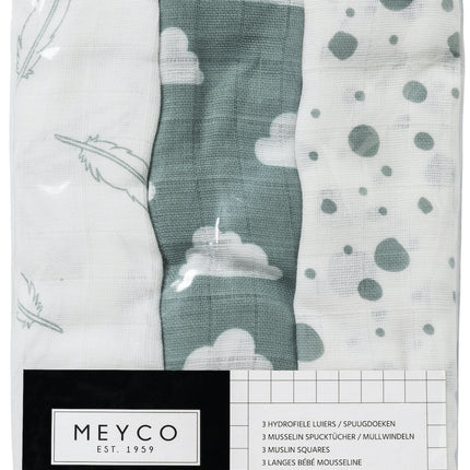 Meyco Paño Hidrófilo 3St Plumas-Nubes-Puntos Verde Piedra/Blanco 100% algodón