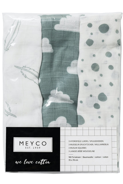 Meyco Paño Hidrófilo 3St Plumas-Nubes-Puntos Verde Piedra/Blanco 100% algodón