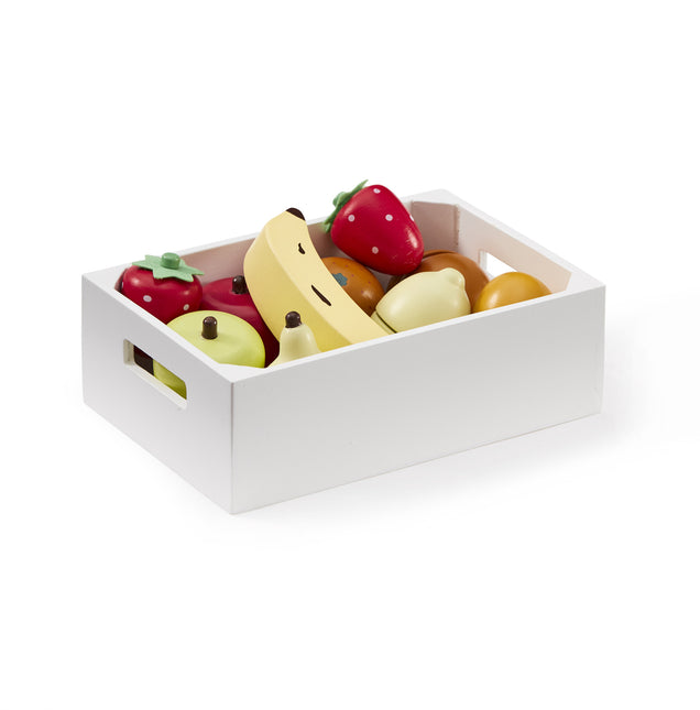 Concepto infantil Caja de frutas de juguete de madera