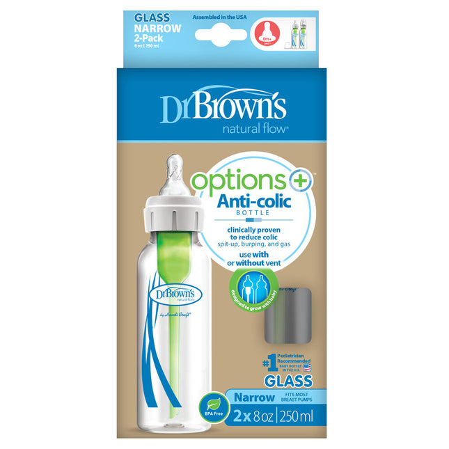 Dr. Brown's Options+ Biberón Anticólicos Paquete de 2 biberones de cuello estándar de cristal de 250 ml